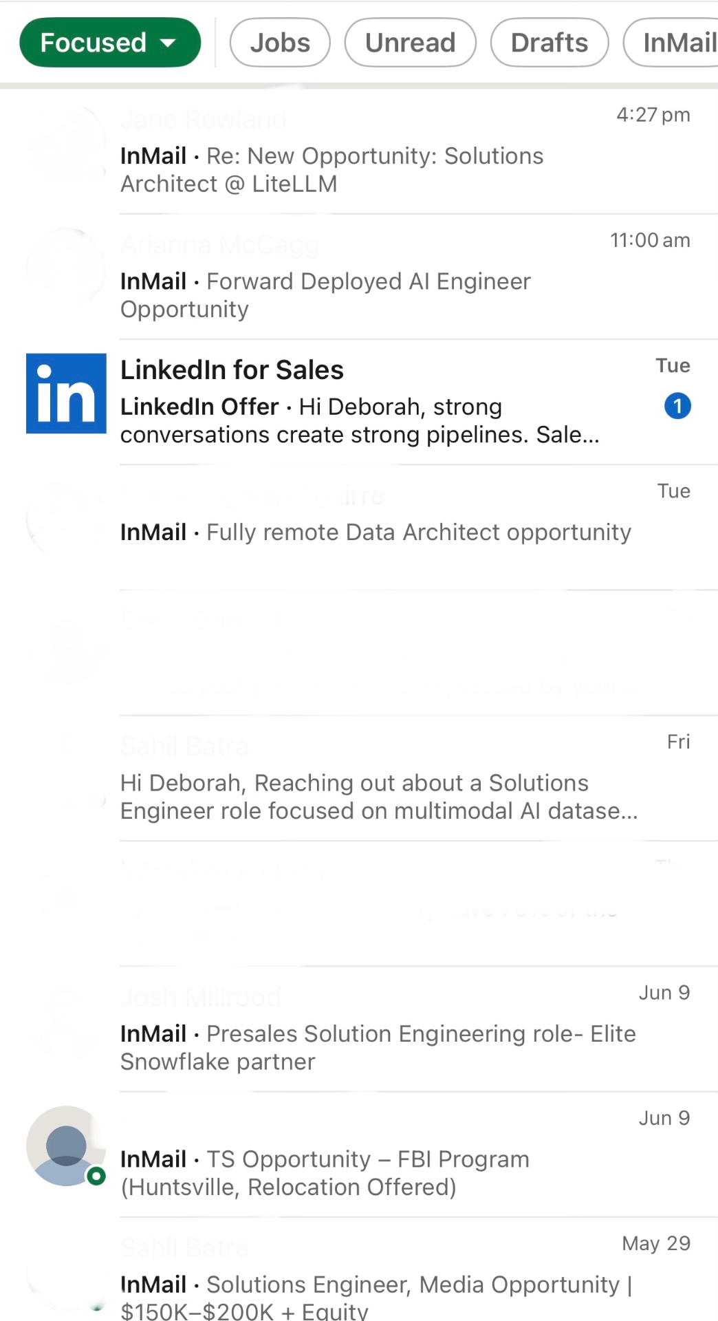 LinkedIn recruiter inbox messages — page 1