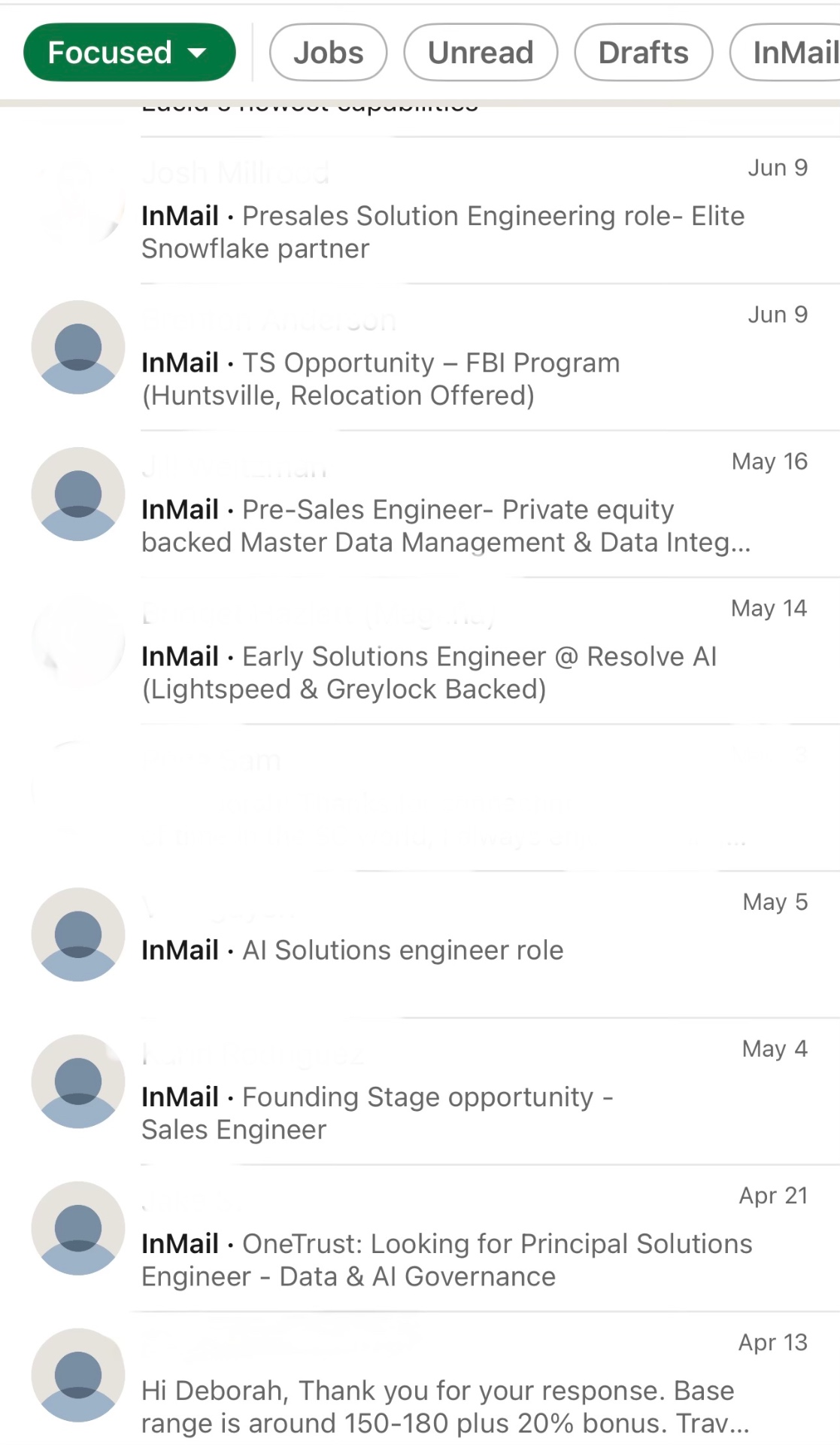 LinkedIn recruiter inbox messages — page 1